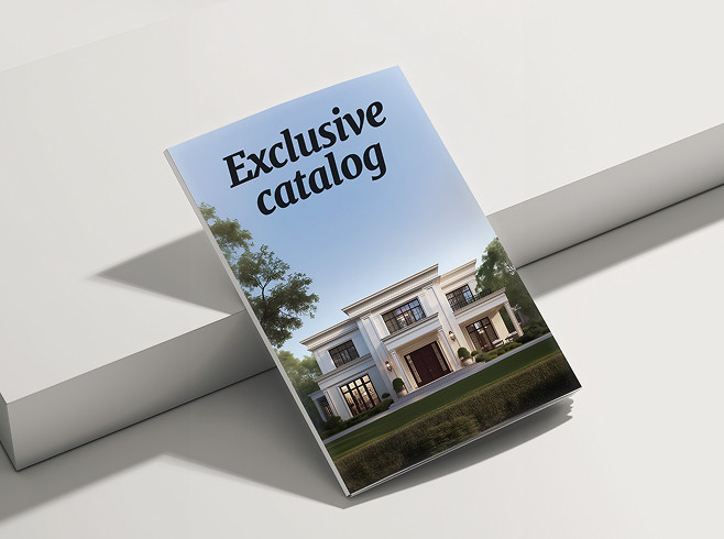 Exclusive catalog of custom architectural decor on white abstract background blocks.