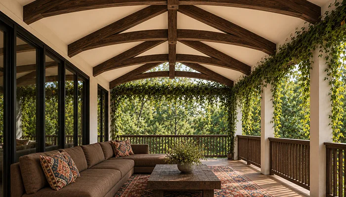 Faux Wood Trusses Systems Arched Raised Cord King Post Truss With Tail Terrace