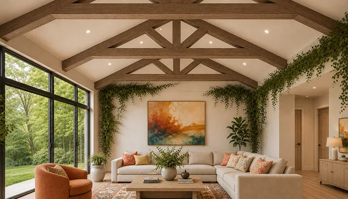 Faux Wood Trusses Systems Raised Cord King Post Truss With Straight Diagonals Living Room