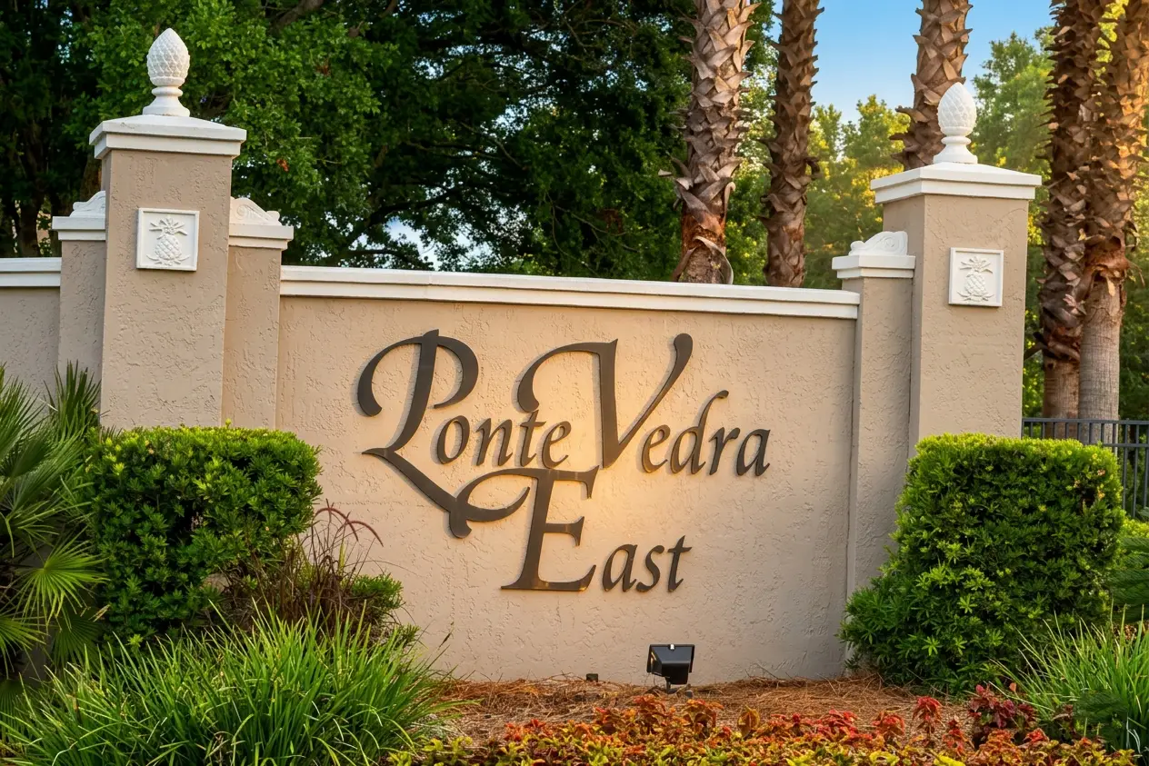Ponte Vedra East community entrance sign mounted on a custom stucco wall fence, highlighting seamless architectural installation and durable outdoor styling.